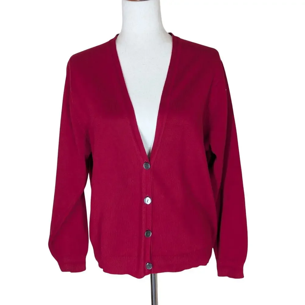 Vintage Talbots Red Cotton Long Sleeve Cardigan Sweater Size Large V Neck